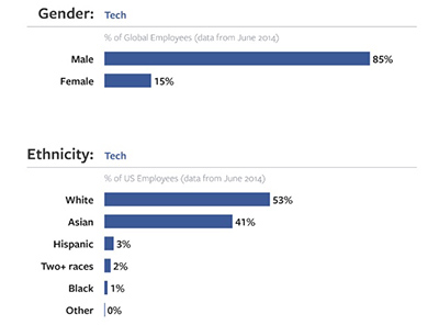 페이스북 기술업종 임직원 성별 및 인종 다양성 분포도
